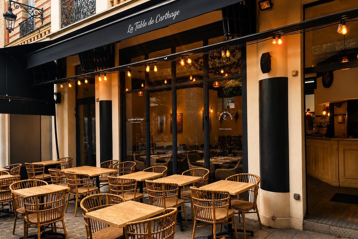 La devanture de La Table de Carthage : store noir portant l'enseigne, guirlande d'ampoules et terrasse en rotin, boulevard Richard Wallace à Puteaux